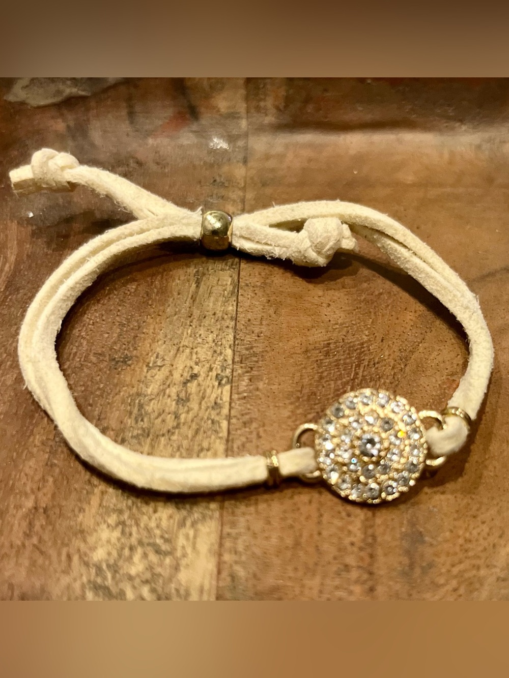 Beige Suede Bracelet with Crystal Disc $8